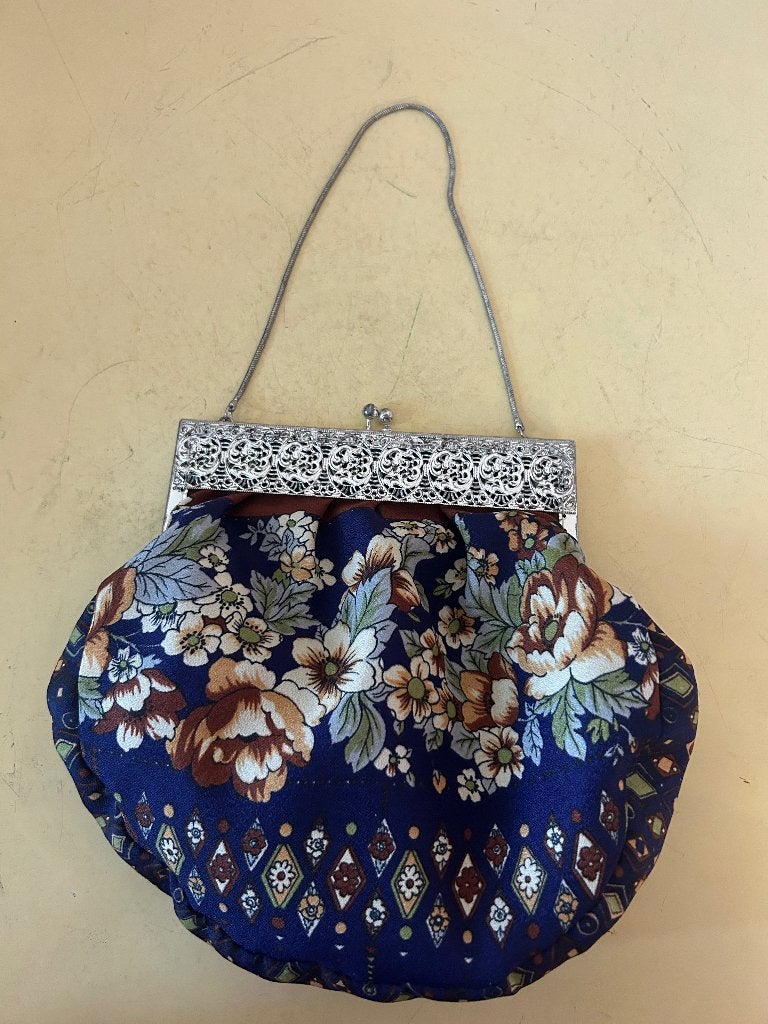 Vintage Beugeltasje Blauw met Bloemenprint | Kiss-Lock, Ophalen of Verzenden, Zo goed als nieuw, Blauw, Handtas