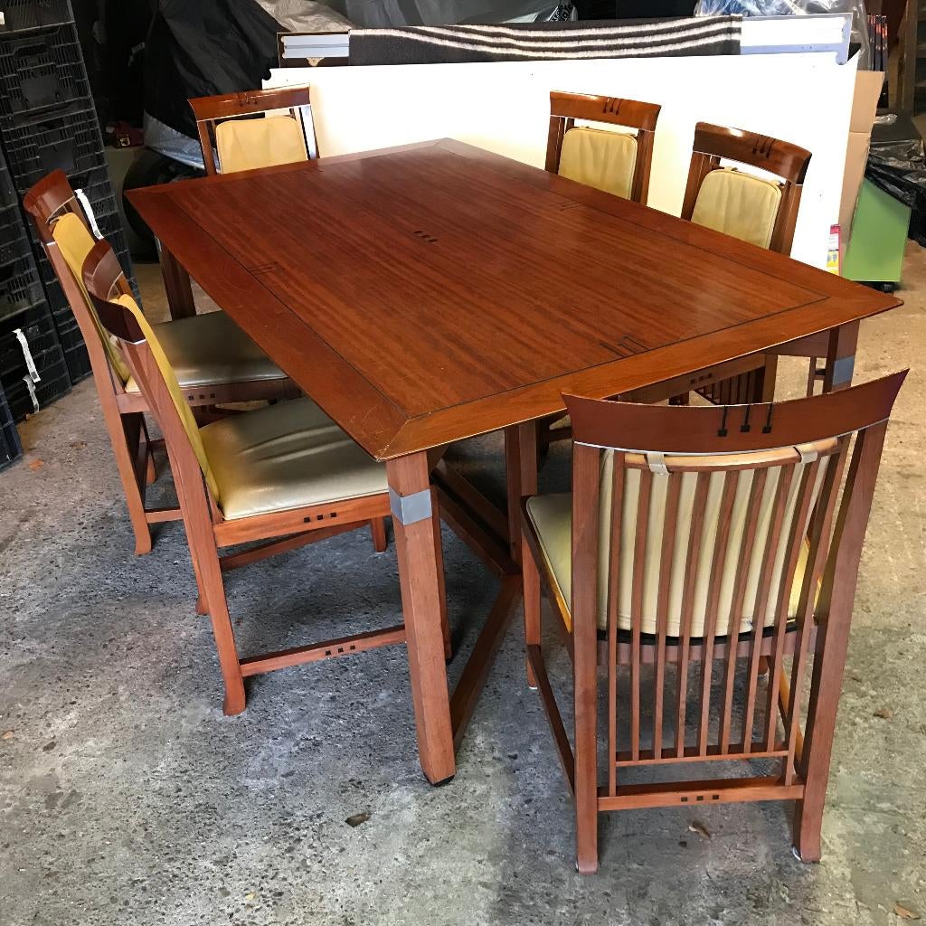 Set 6 Schuitema Helen stoel en tafel Art Deco Sullivan, Huis en Inrichting, Stoelen, Gebruikt, Bruin, Leer, Ophalen of Verzenden