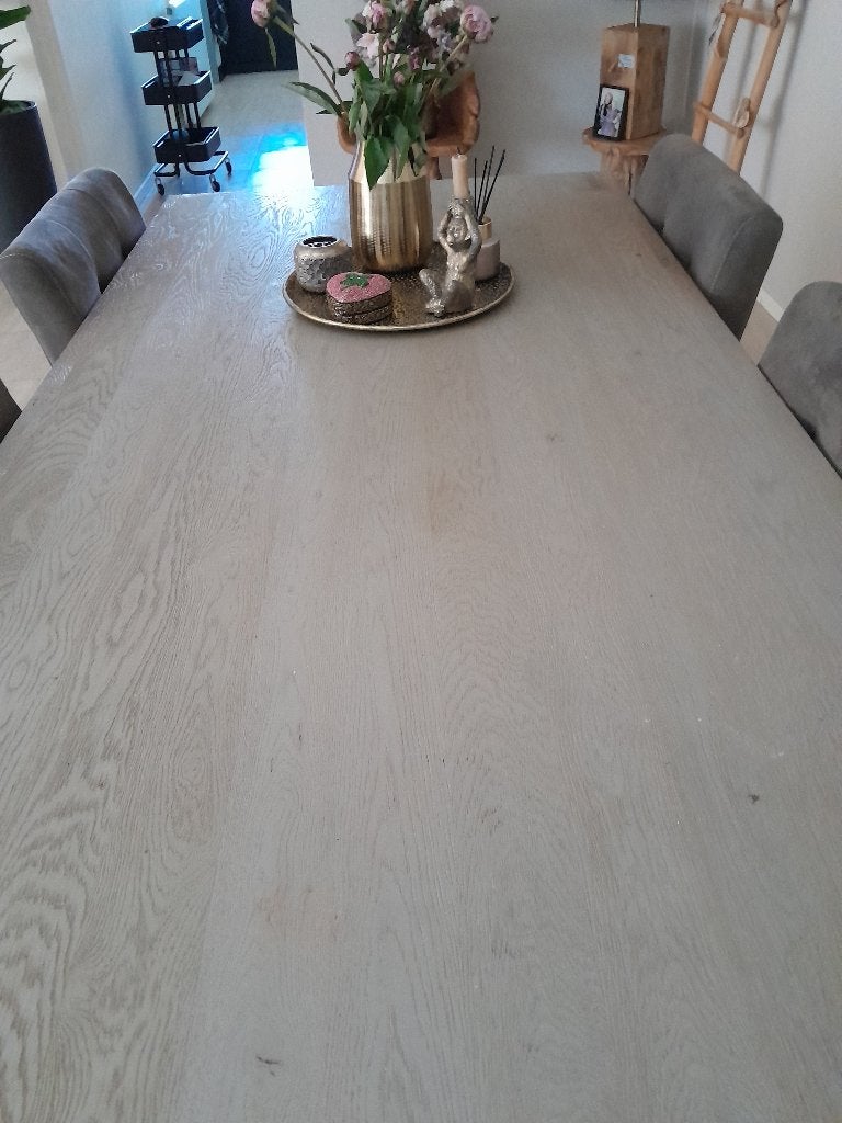 massief eiken eetkamertafel met 6 stoelen, Huis en Inrichting, Tafels | Eettafels, Ophalen, Gebruikt, Eikenhout, 200 cm of meer