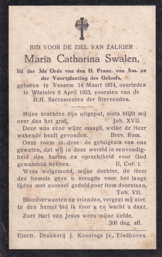 Swalen Maria 1874 Vessem 1923 Wintelre, Ophalen of Verzenden, Bidprentje