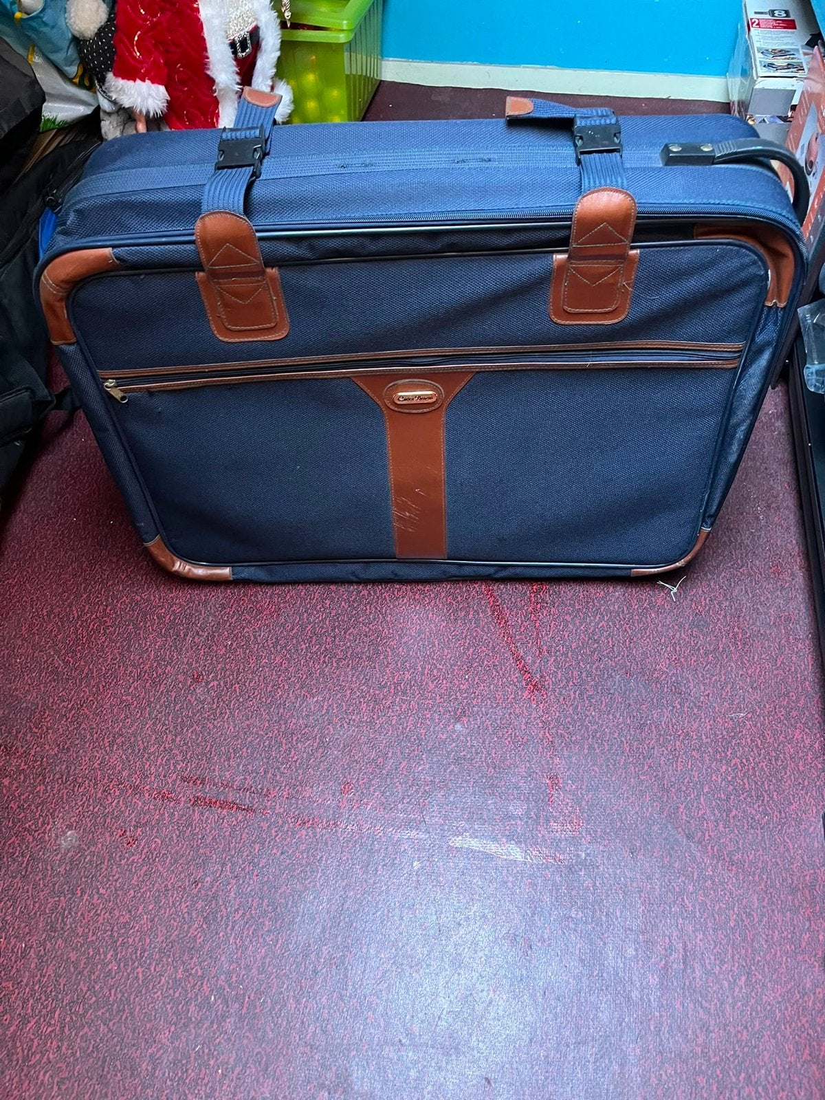 Set van 2 Reiskoffers - Blauw met Bruine Details, Gebruikt, 45 tot 55 cm, Zacht kunststof, Uitschuifbare handgreep