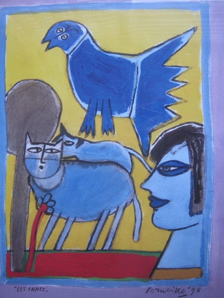 Schilderij. Corneille. 'Les Chats'.   Poster., Papier, Gemengde techniek, Ophalen, Achter glas