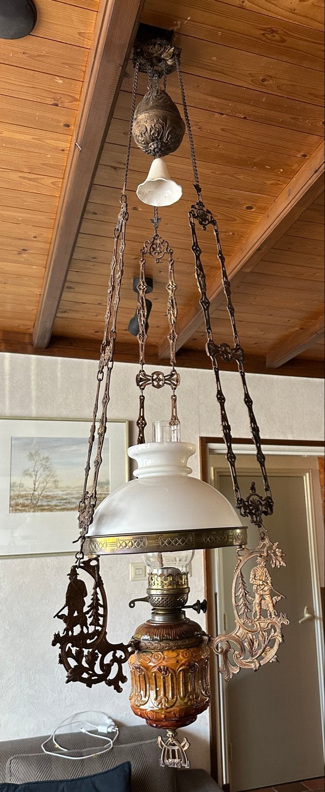 Antieke Dubbele Brander Olie Hanglamp - Werkend, Ophalen