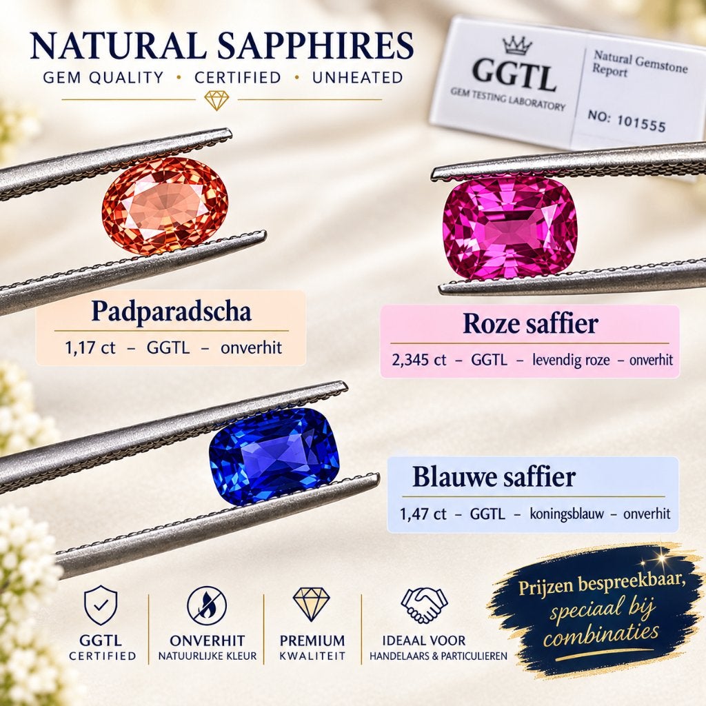 Padparadscha + Pink Sapphire + Blue Sapphire, Sieraden, Tassen en Uiterlijk, Ophalen of Verzenden, Nieuw