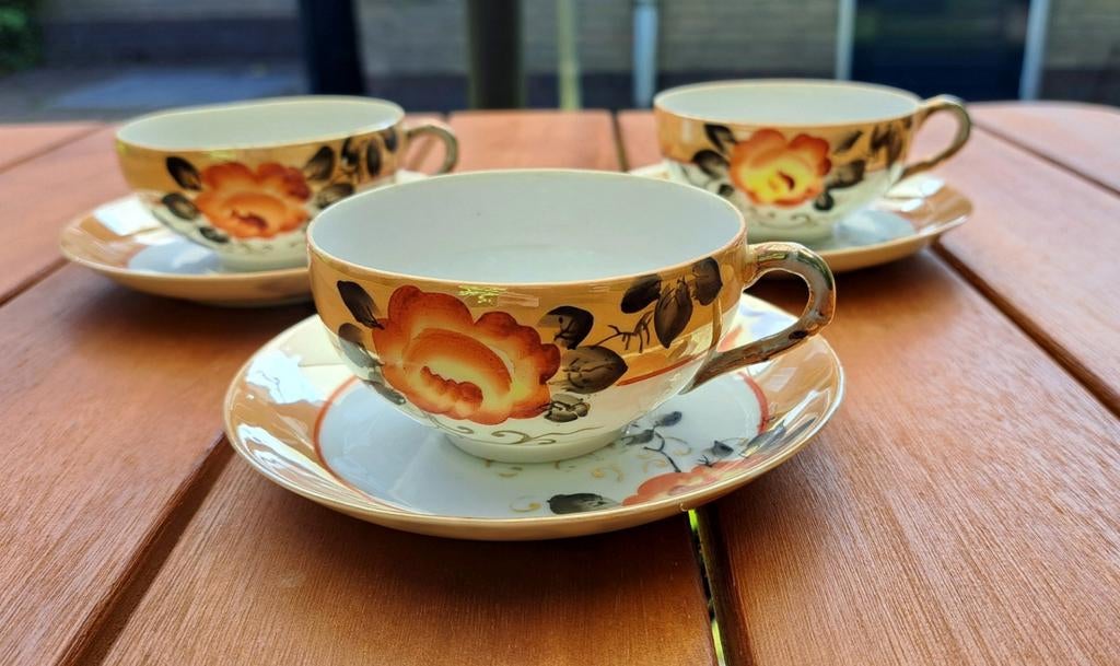 3 kop en schotel Japans eierschaal porselein Kutani gemerkt, Antiek en Kunst, Antiek | Servies los, Ophalen
