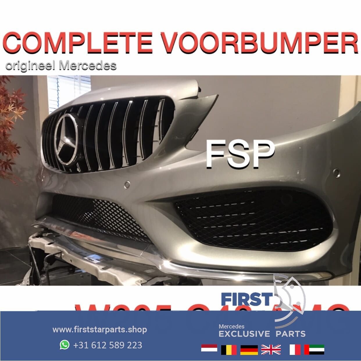 W205 C205 C43 AMG BUMPER + GT GRIL Mercedes C Klasse 2014-20, Gebruikt, -, Voor, Ophalen of Verzenden