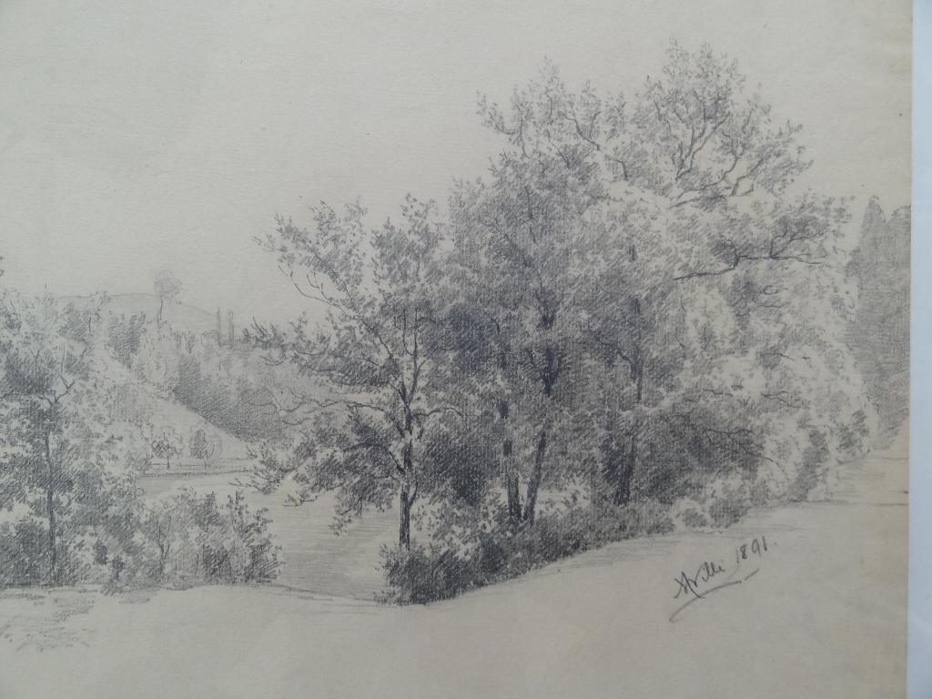 Potloodtekening landschap met bomen beekje Anna Willi 1891, Verzenden