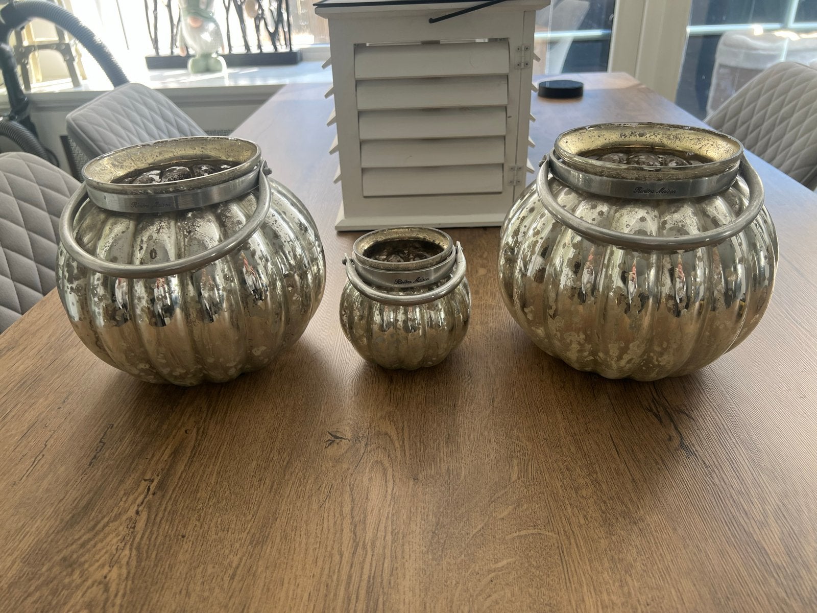 Set van 3 Riviera Maison pompoen windlichten, Ophalen, Gebruikt, Landelijk, Glas