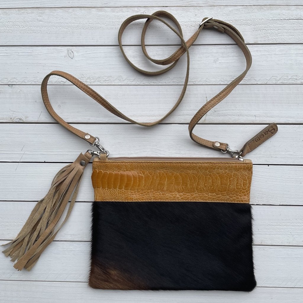 Mickey struisvogel zwart bruin geel #M-15 | Lederstore, Zwart, Nieuw, Handtas, Grotestraat 32, 5836 AG, Sambeek, The Netherlands