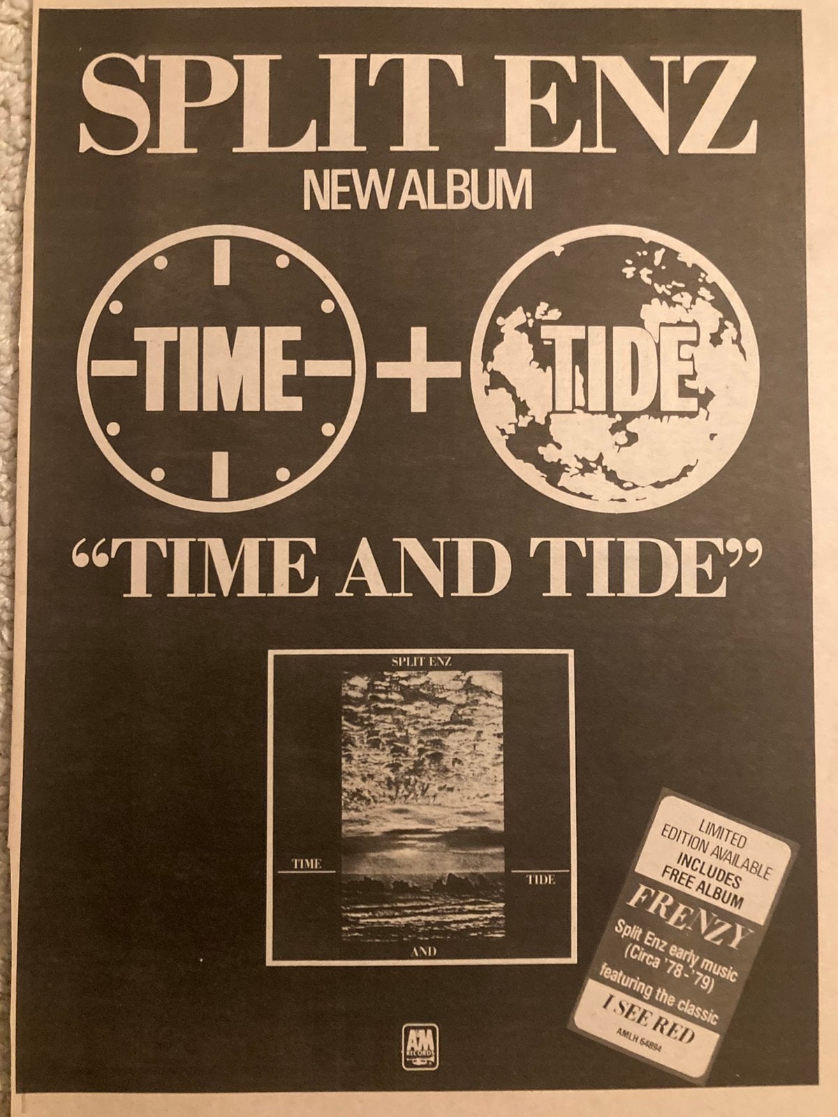 SPLIT ENZ Time And Tide A3 advertentie, Ophalen of Verzenden, Zo goed als nieuw