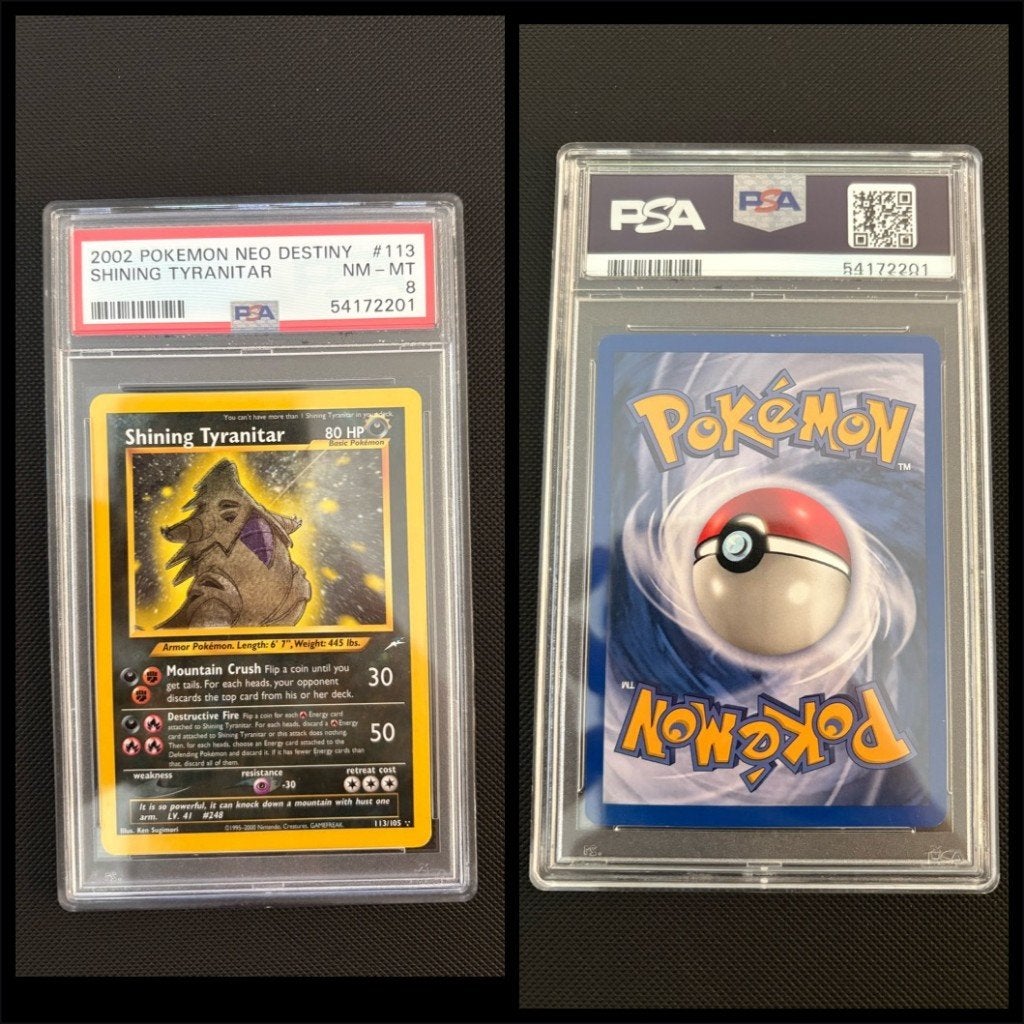 PSA 8 Shining Tyranitar 2002 Neo Destiny #113 Pokémon Kaart, Hobby en Vrije tijd, Ophalen, Zo goed als nieuw, Losse kaart, Foil