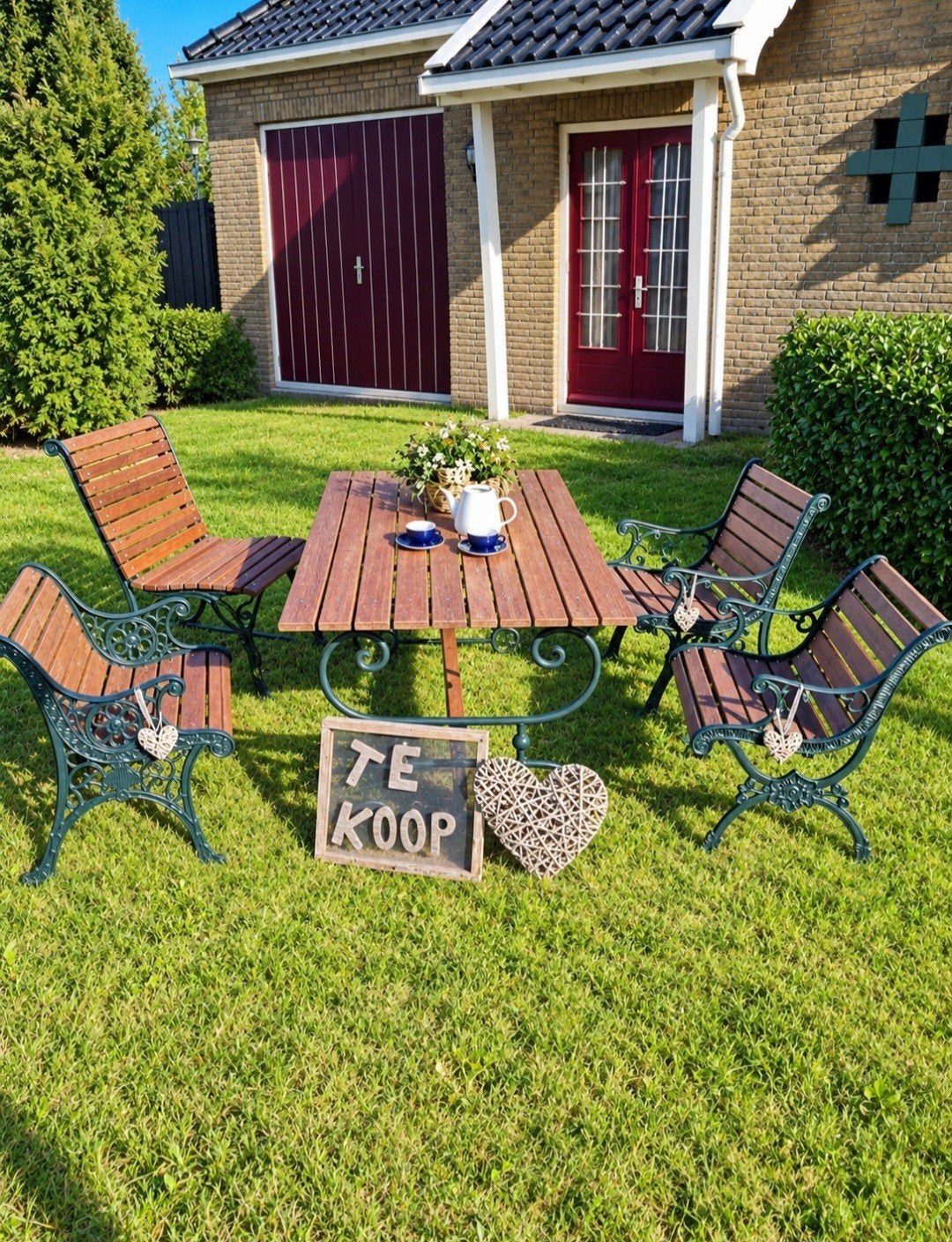 VINTAGE  tuinset gemaakt van hardhout en ijzeren frames, Tuin en Terras, Ophalen, 5 zitplaatsen, Nieuw, Tuinset