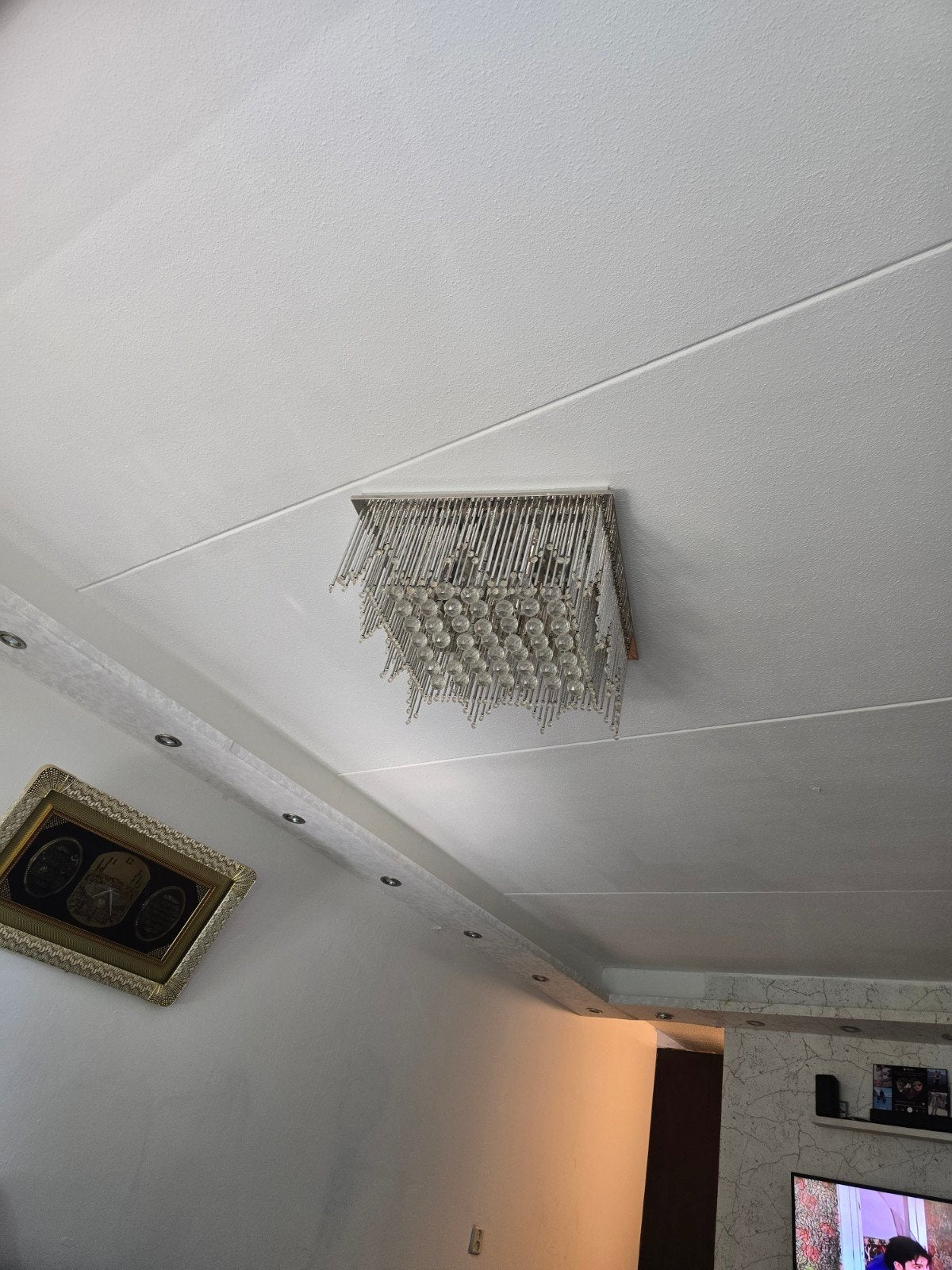 Moderne Plafondkroonluchter met 2, Overige fittingen, Ophalen of Verzenden, Zo goed als nieuw, Glas