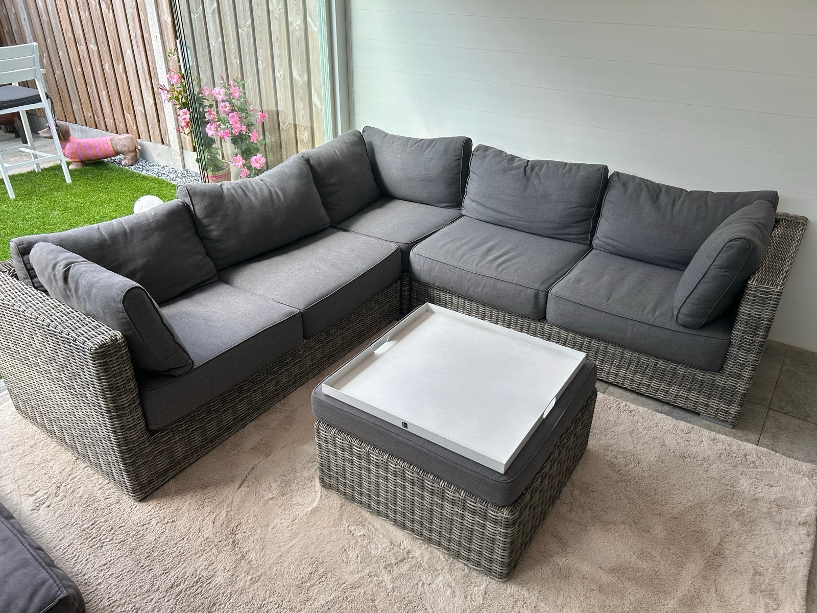 Modulaire Loungeset Hoekopstelling met Tafel en Dienblad, Tuin en Terras, Ophalen, Gebruikt, Meer dan 8 zitplaatsen, Loungeset