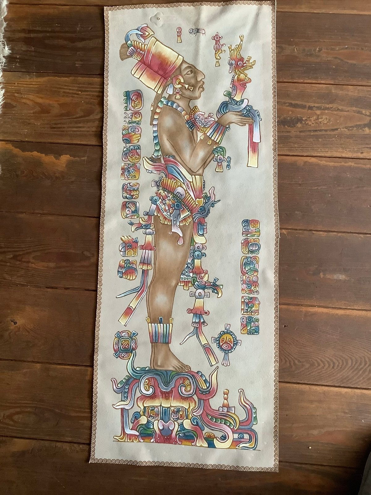 Mexicaanse Maya pyrografie op leer/suède - Chan Baluh, Antiek en Kunst, Wanddecoratie, Ophalen of Verzenden, Meerkleurig, Geschilderd
