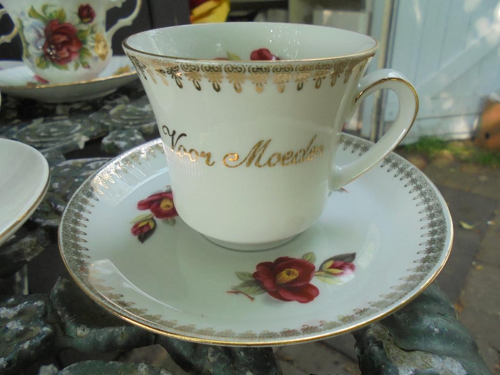 Koffie kop en schotel "voor Moeder" met rode roos, Ophalen of Verzenden