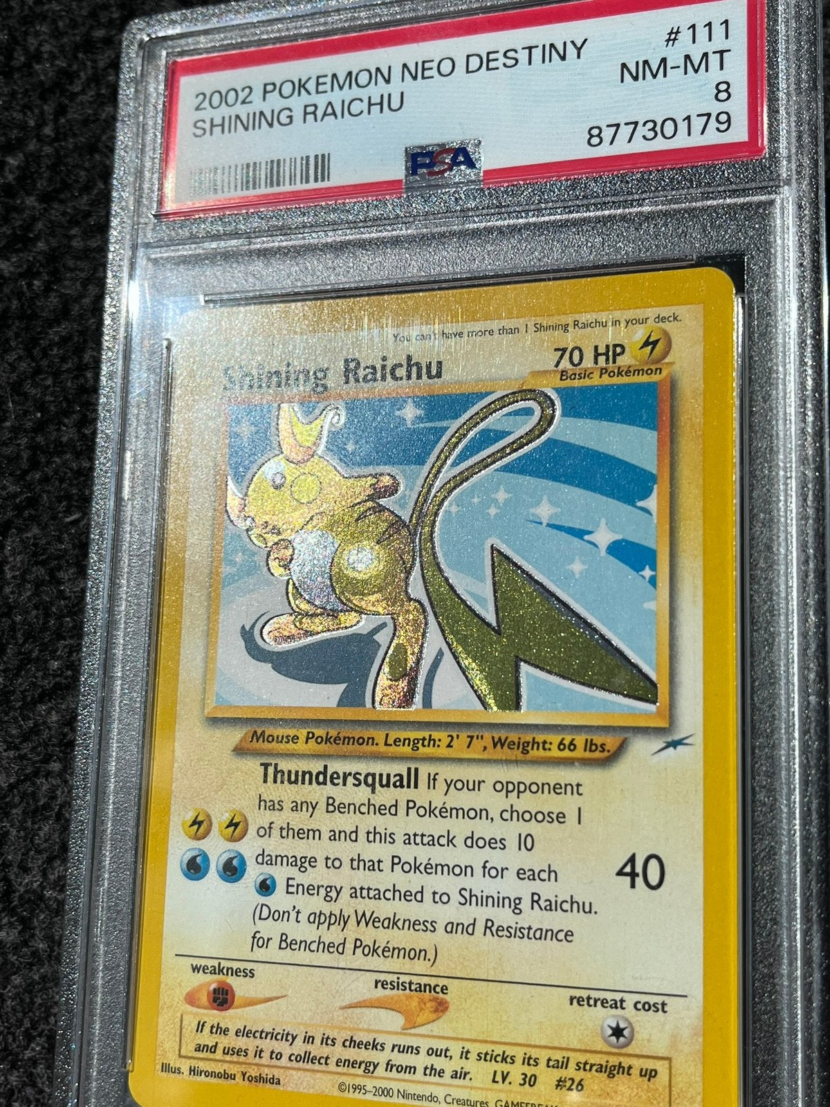 Pokémon PSA 8 Shining Raichu #111 Neo Destiny, Ophalen of Verzenden, Zo goed als nieuw, Losse kaart, Foil