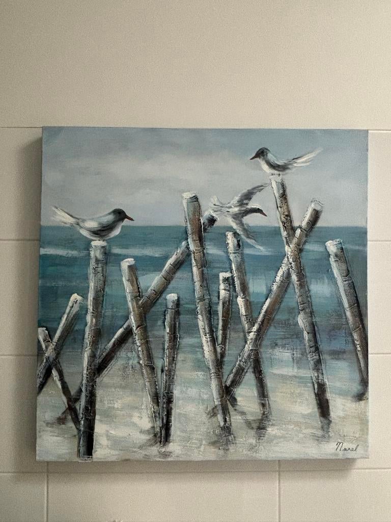 Schilderij 'Meeuwen aan Zee' - 70x70 cm, Ophalen of Verzenden