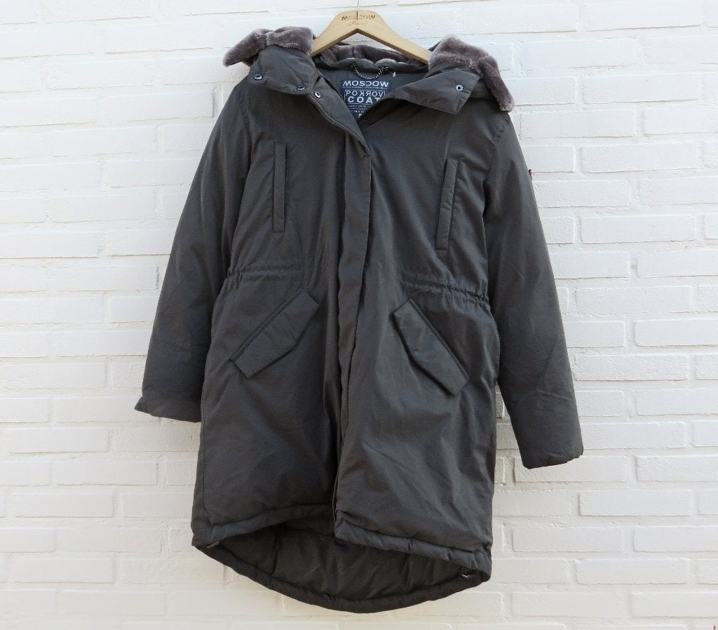 Moscow lange damesjas • M • donkergrijs, Kleding | Dames, Maat 38/40 (M), Ophalen of Verzenden, Grijs, Moscow