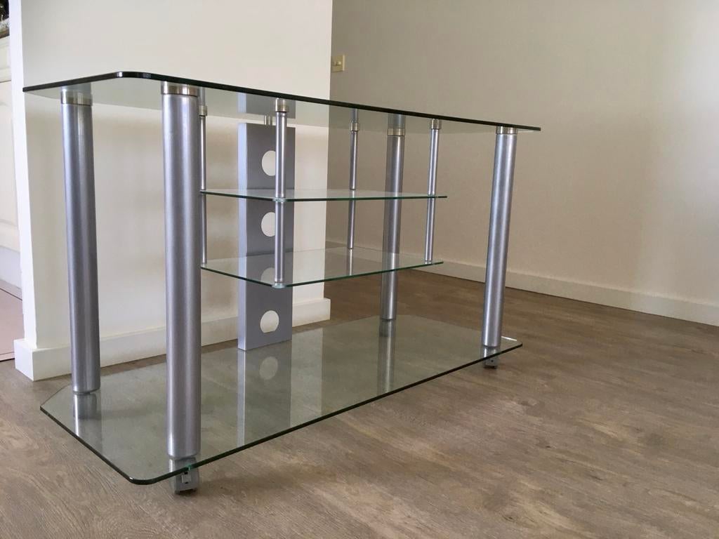 Glazen stereo tv meubel met 3 planken en wielen, Ophalen, Gebruikt, 100 tot 150 cm, Glas