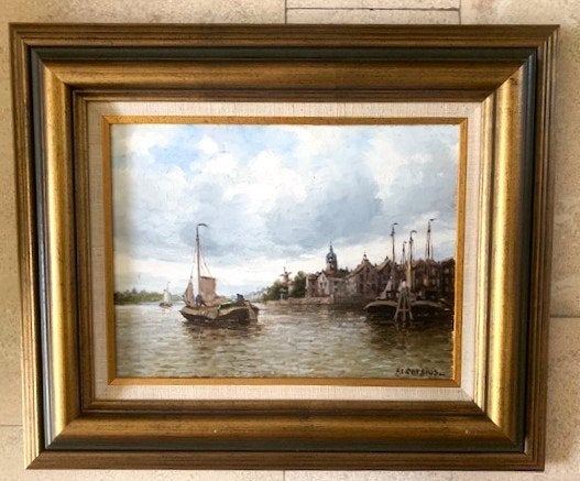Zeilboot in stadshaven, Dordrecht ? - F.L. Corsius 1933-2015, Maritiem / water, Doek, Oud hollands, Ophalen of Verzenden