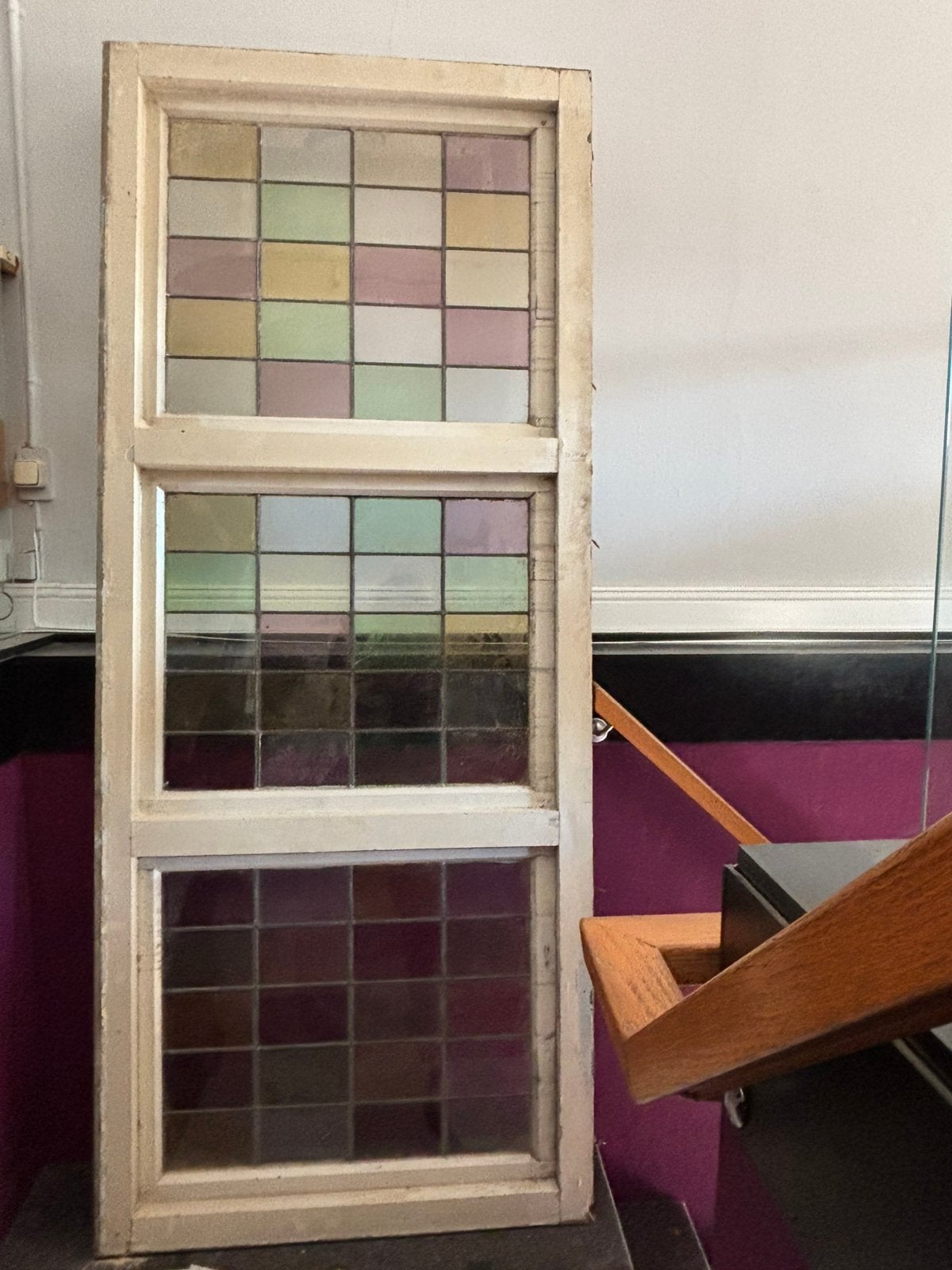 Groot oud glas-in-lood paneel 240 x 102 cm, 3 vakken, Ophalen, Gebruikt, Glas in lood, 80 tot 120 cm