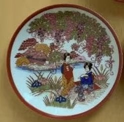 4x bordje met Japanse, oosterse afbeelding bordeaux randje, Antiek en Kunst, Ophalen of Verzenden