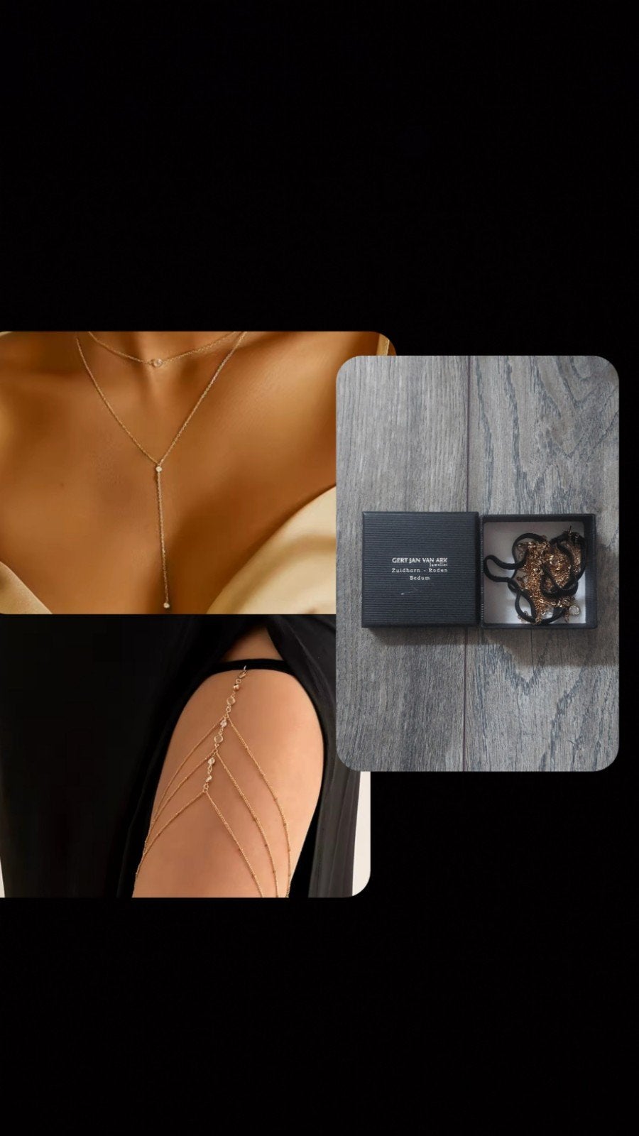 Setje Gouden ketting en beensieraad met hanger en kristallen, Overige materialen, Ophalen of Verzenden, Zo goed als nieuw, Verstelbaar