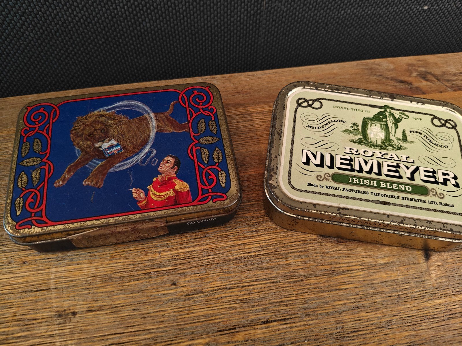 Vintage tabaksdoosjes: Royal Niemeyer en Samson, Verzamelen, Ophalen of Verzenden, Gebruikt, Tabaksdoos of Verpakking