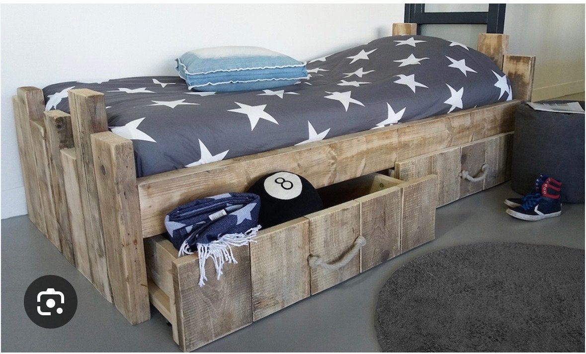 Kasteel Steigerhouten bed met lades - robuust en praktisch, Gebruikt, 90 cm, Eenpersoons, Bruin