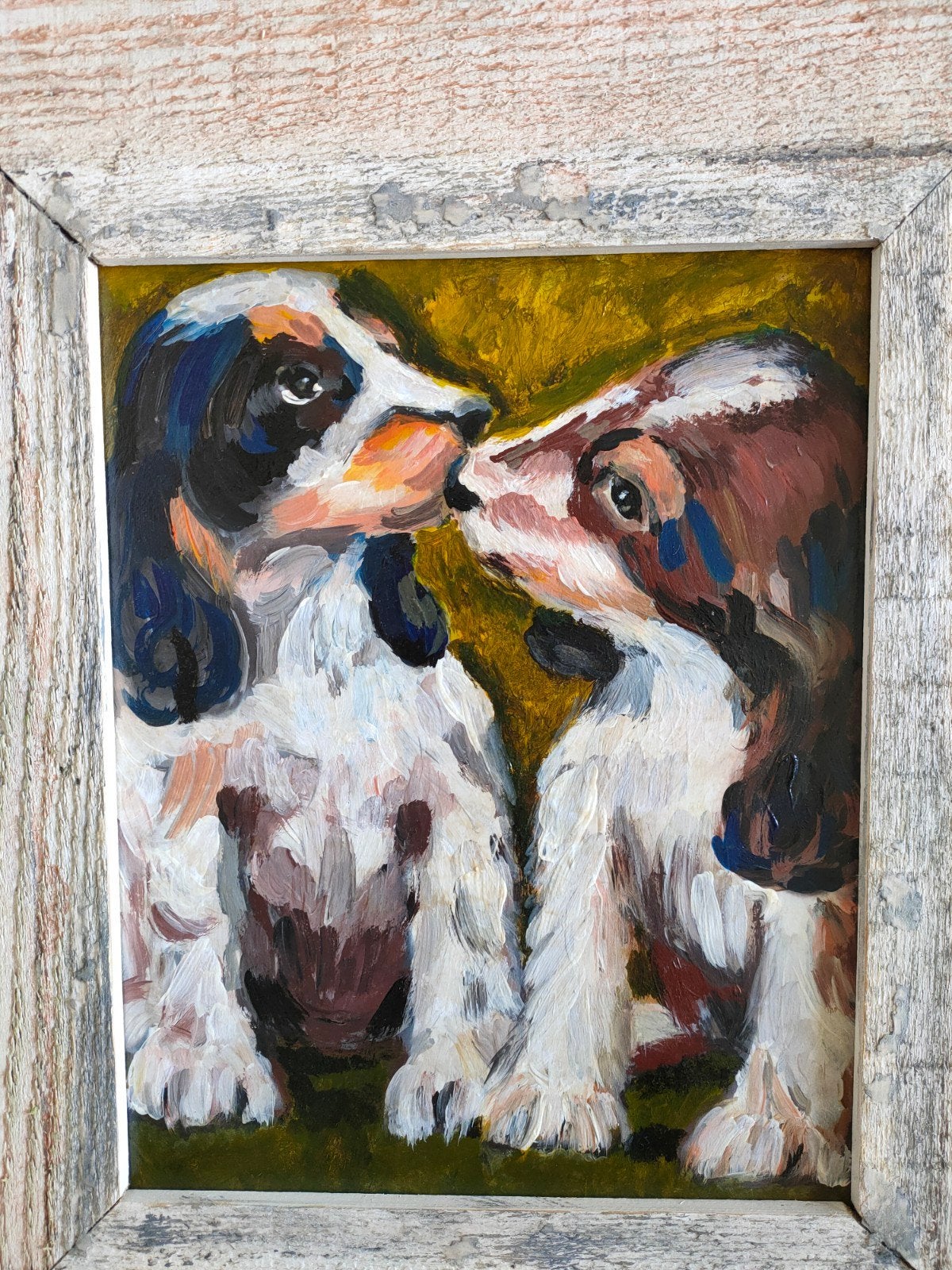 Schilderij van twee honden in houten lijst, Paneel, Ingelijst, Verzenden, Realistisch