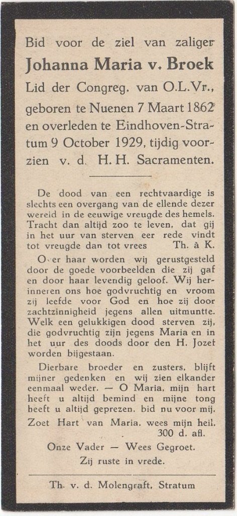 Johanna M. v. Broek 1862 Nuenen + 1929 Eindhoven, 67 jaar, Verzenden