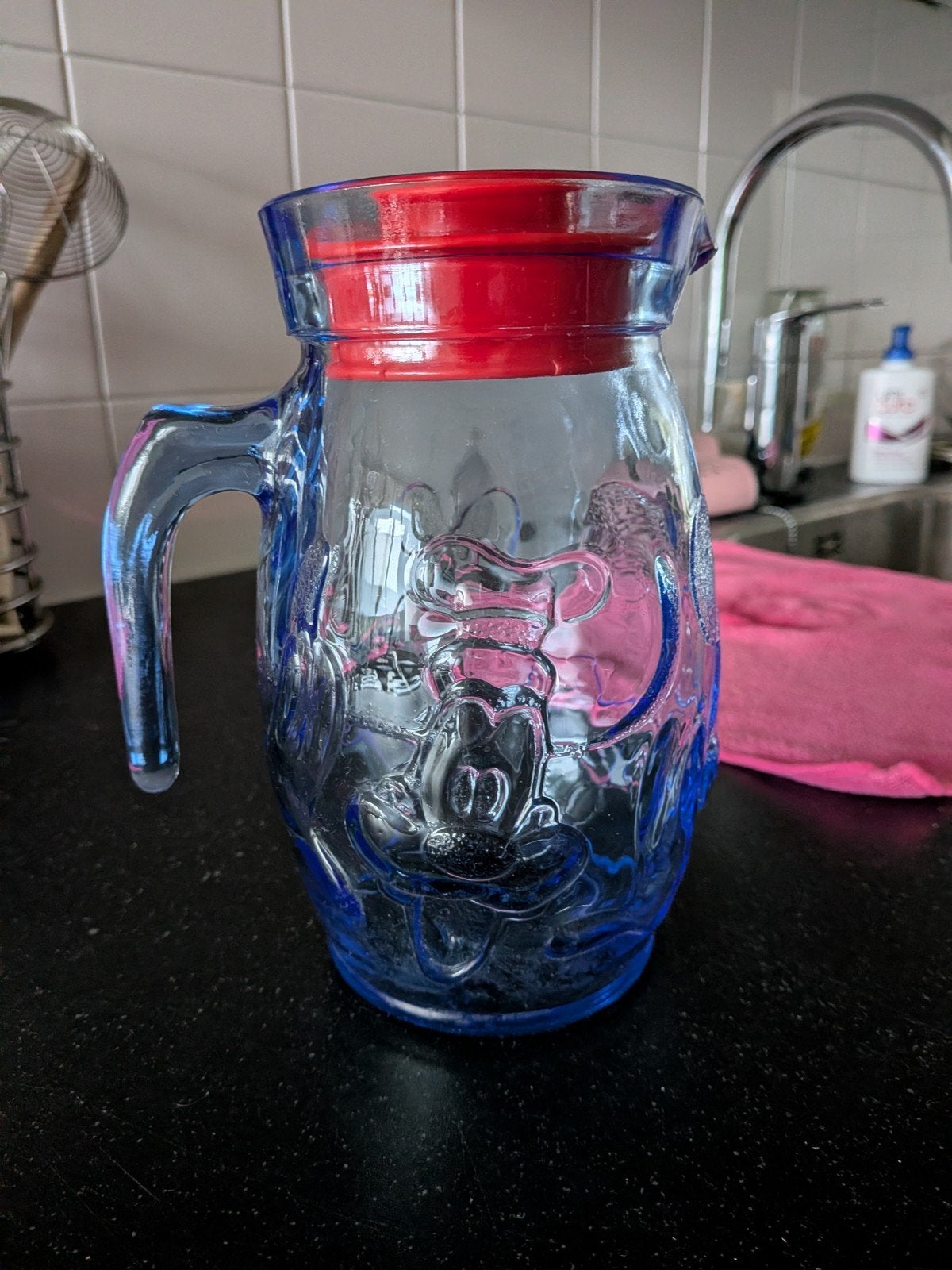 Vintage Disney schenkkan blauw persglas - Mickey Mouse, Ophalen of Verzenden