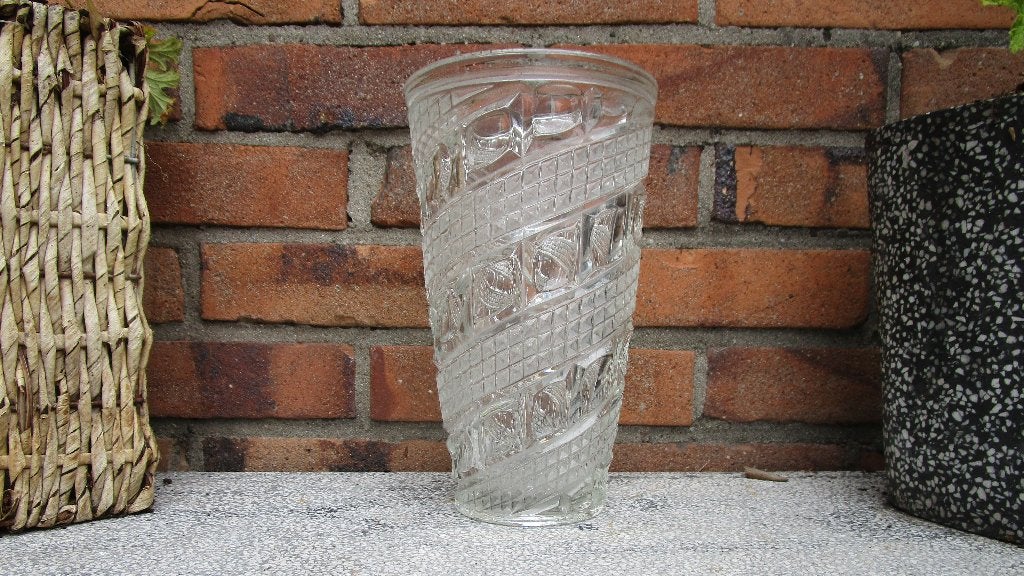 Vintage glazen vaas met spiraalpatroon, Gebruikt, Transparant, Ophalen of Verzenden, Glas