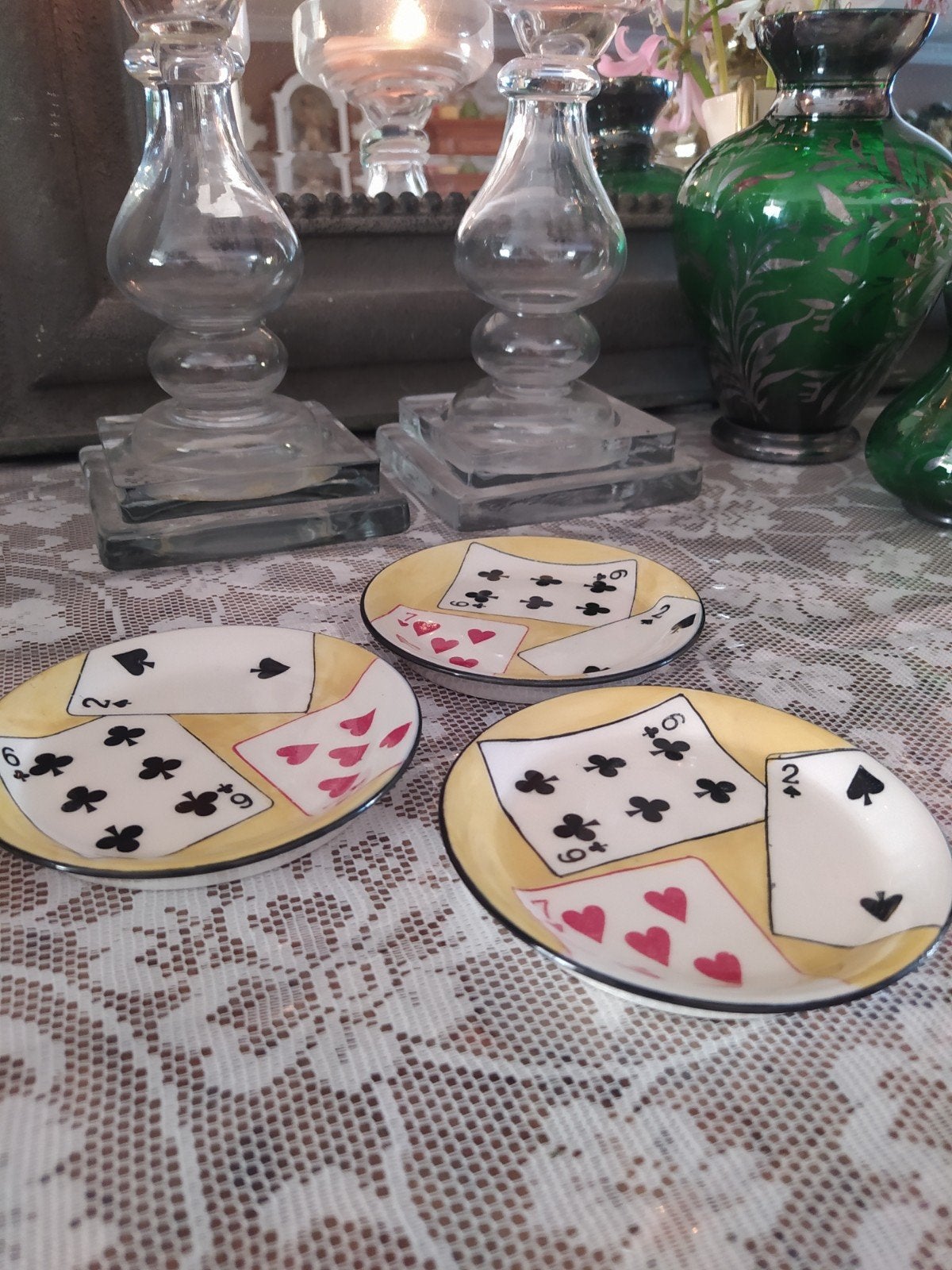 Set van 3 handgeschilderde schaaltjes met speelkaarten, Huis en Inrichting, Ophalen of Verzenden