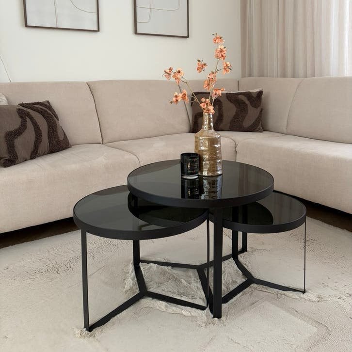 Set van 3 salontafels - Zwart - Glas, Ophalen, 50 tot 100 cm, Rond, Glas