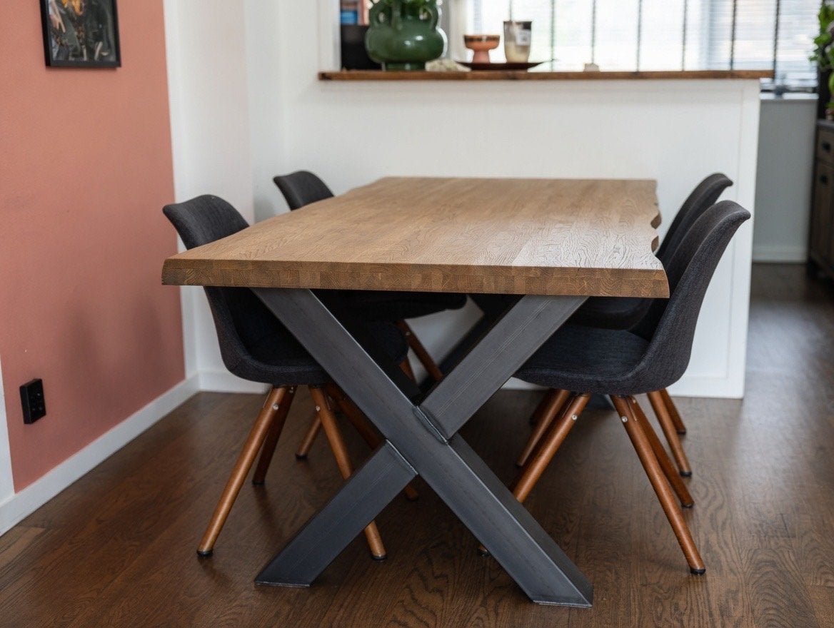 Eikenhouten eettafel met metalen Xpoten | 2m x 97cm van HACO, Huis en Inrichting, Tafels | Eettafels, Ophalen, Gebruikt, Eikenhout