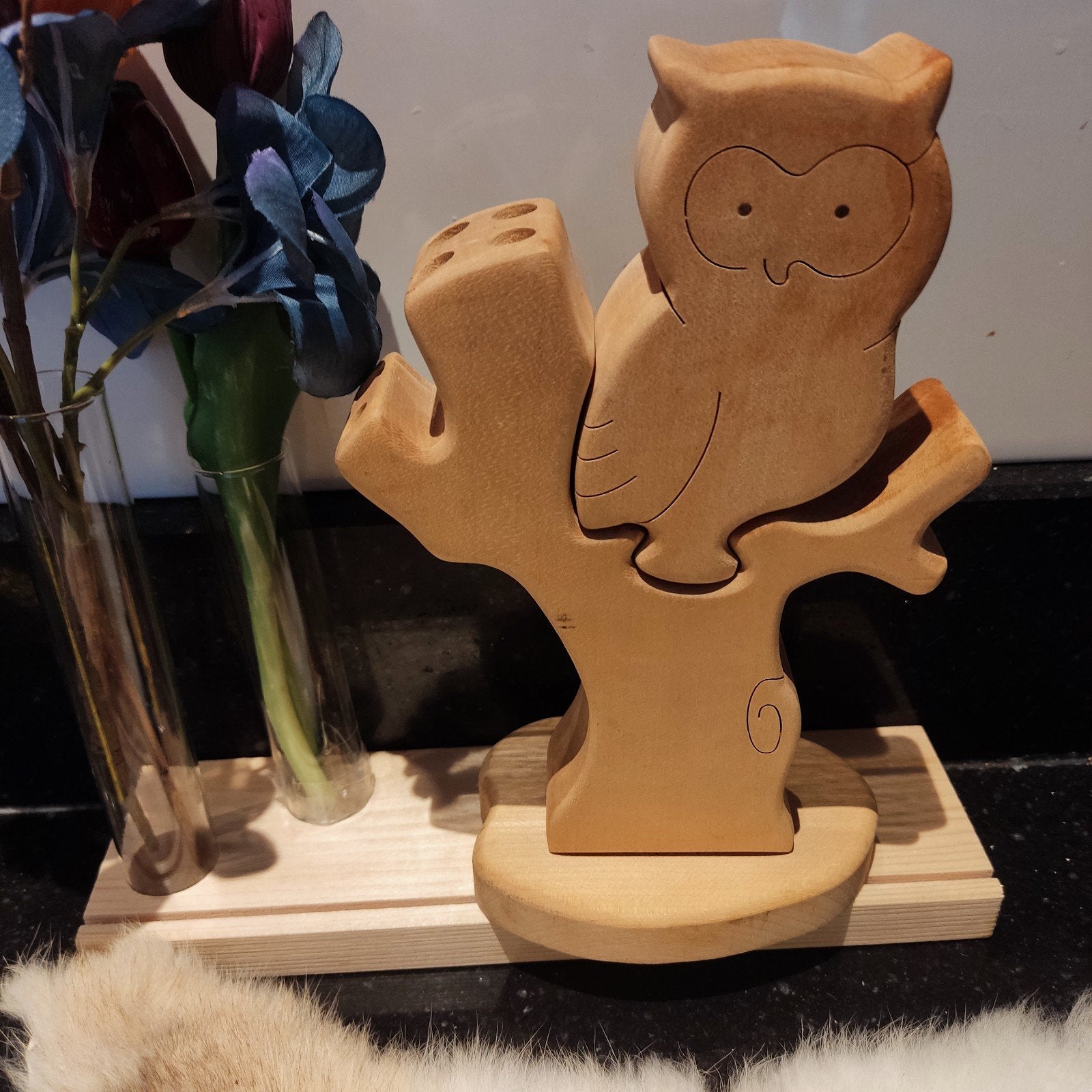 Vintage Montet Bois Zwitserse Houten Uilen Puzzel  penhouder, Ophalen of Verzenden