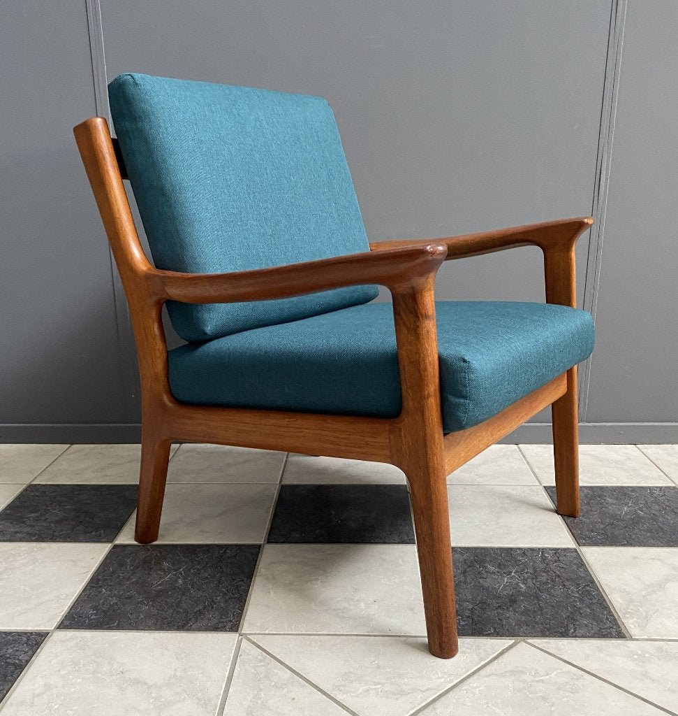 60 jaren Deense teak fauteuil Juul Kristensen nieuw bekleed, Ophalen, Minder dan 75 cm, Stof, 50 tot 75 cm