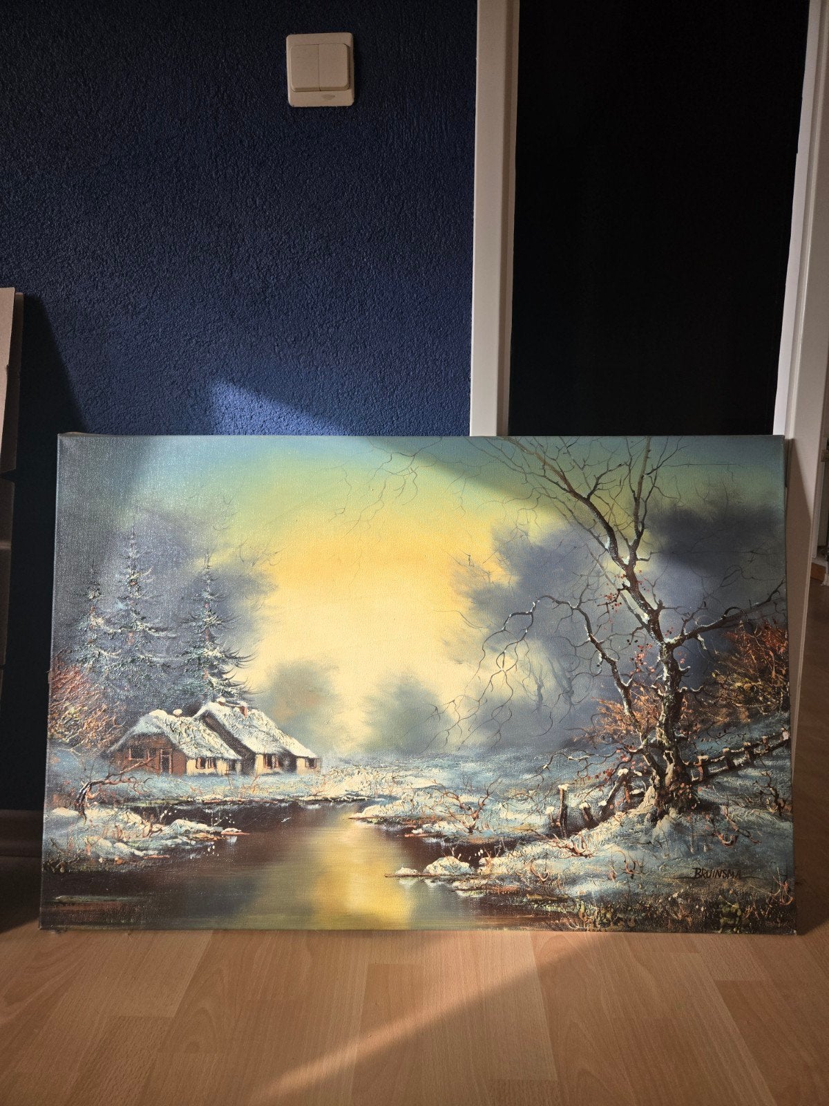 Schilderij Winterlandschap met Huisjes - Bruinsma, Doek, Realistisch, Ophalen of Verzenden, Landschap