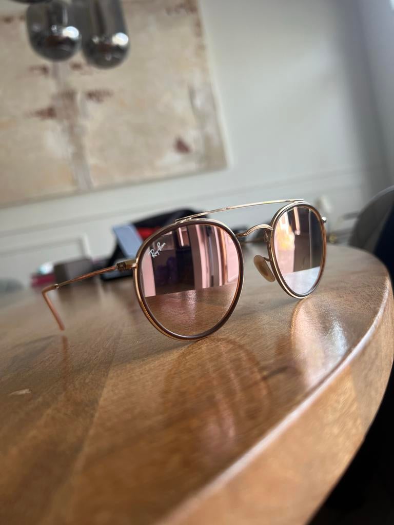 Ray-Ban Round Double Bridge Spiegel Zonnebril Roségoud, Zonnebril, Ophalen of Verzenden, Zo goed als nieuw, Ray-Ban