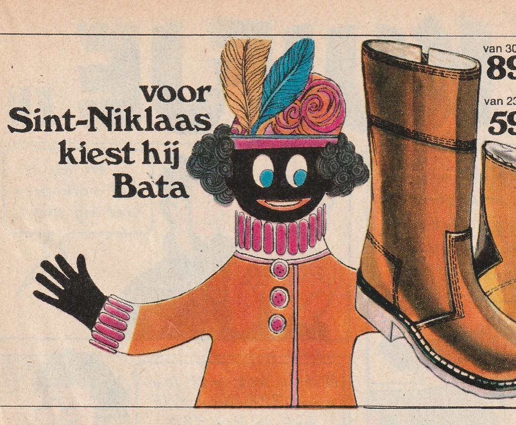 Retro reclame 1974 Bata Zwarte Piet met jongens schoenen, Verzenden, Overige typen