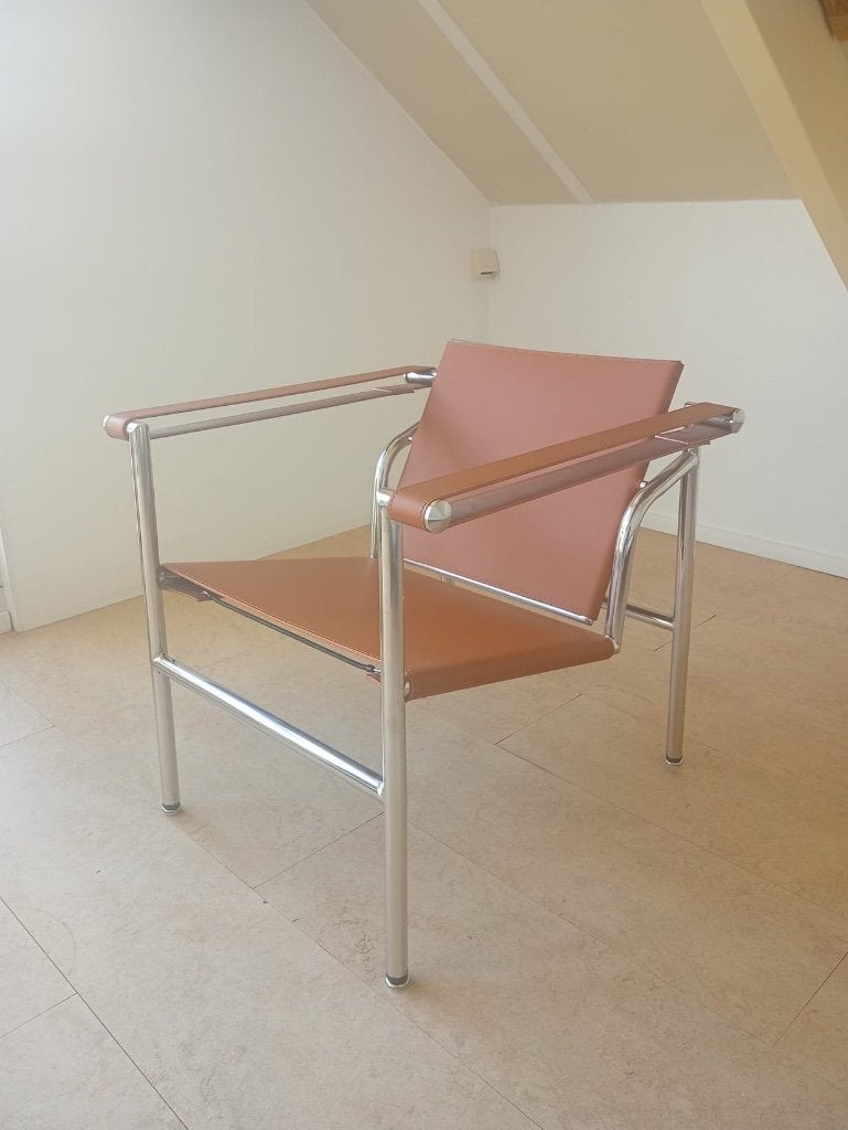 2x Cognac Corbusier lc1 repro chroom design fauteuil, Ophalen, Bruin, Cognac Lc1 design, Zo goed als nieuw