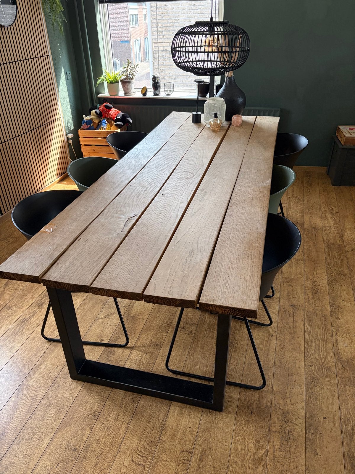 Eiken eettafel met stalen U-poten (255x100) + optioneel stoe, Ophalen, Gebruikt, Eikenhout, 200 cm of meer
