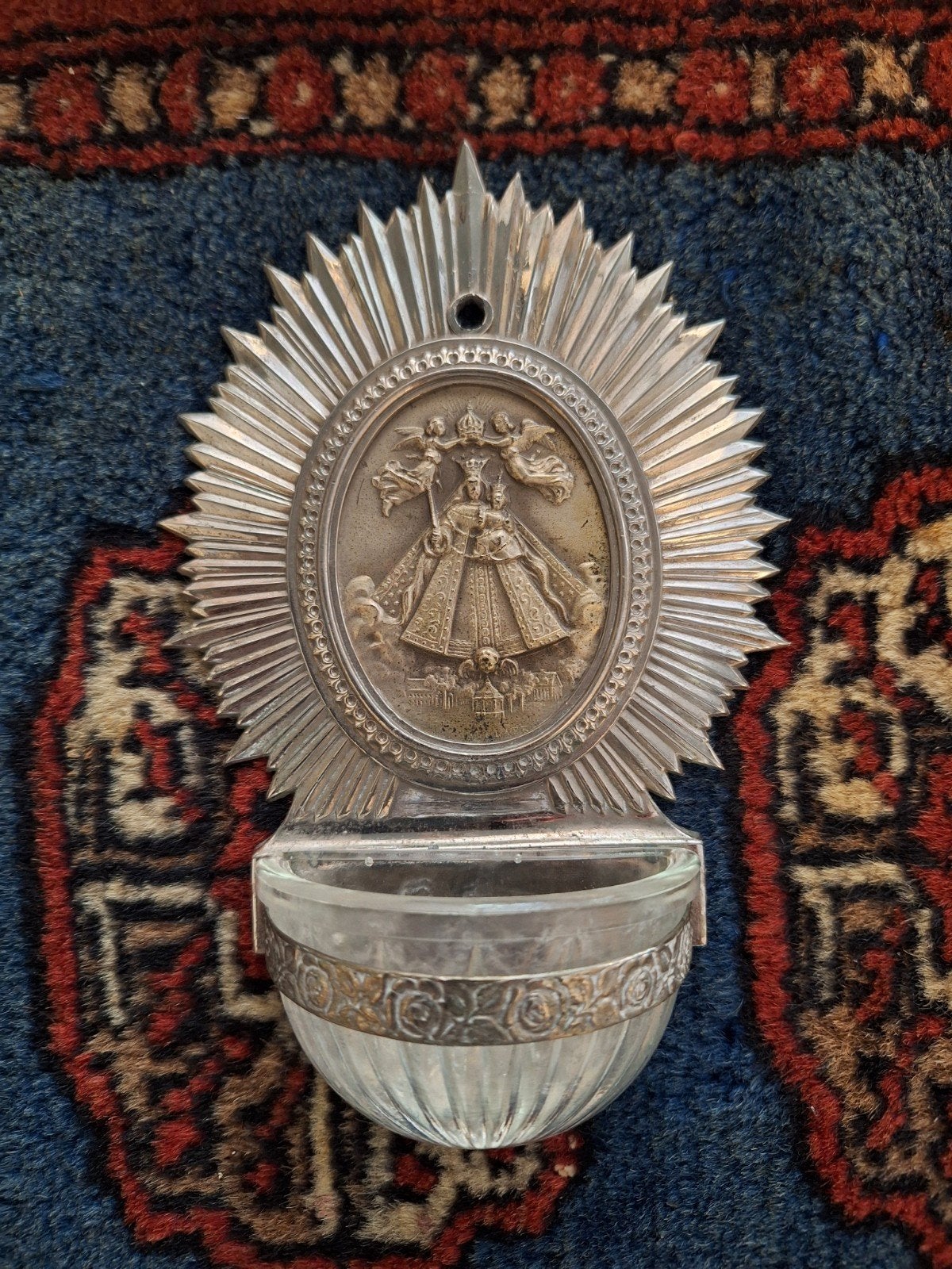 Antiek verzilverd wijwaterbakje Maria stralenkrans engelen, Antiek en Kunst, Ophalen of Verzenden
