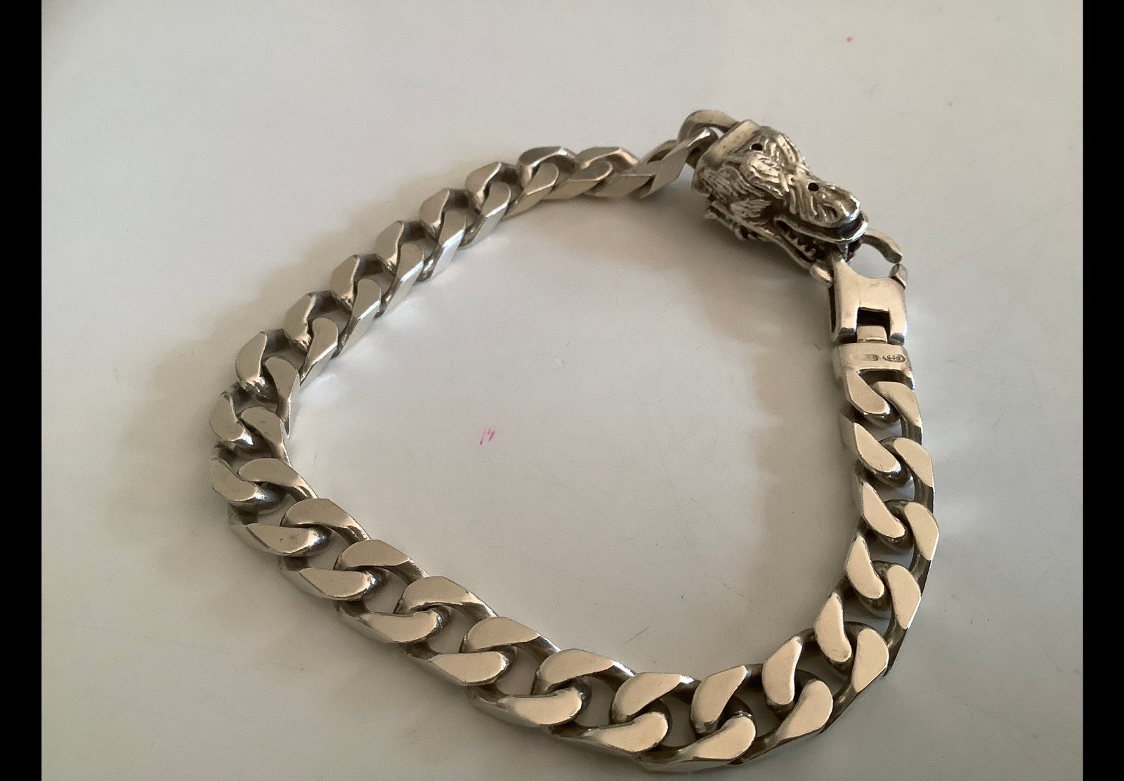 Vintage zilveren armband Cuban Link Direnkop Draak 925 AG, Verzenden, Zo goed als nieuw, Zilver, Zilver