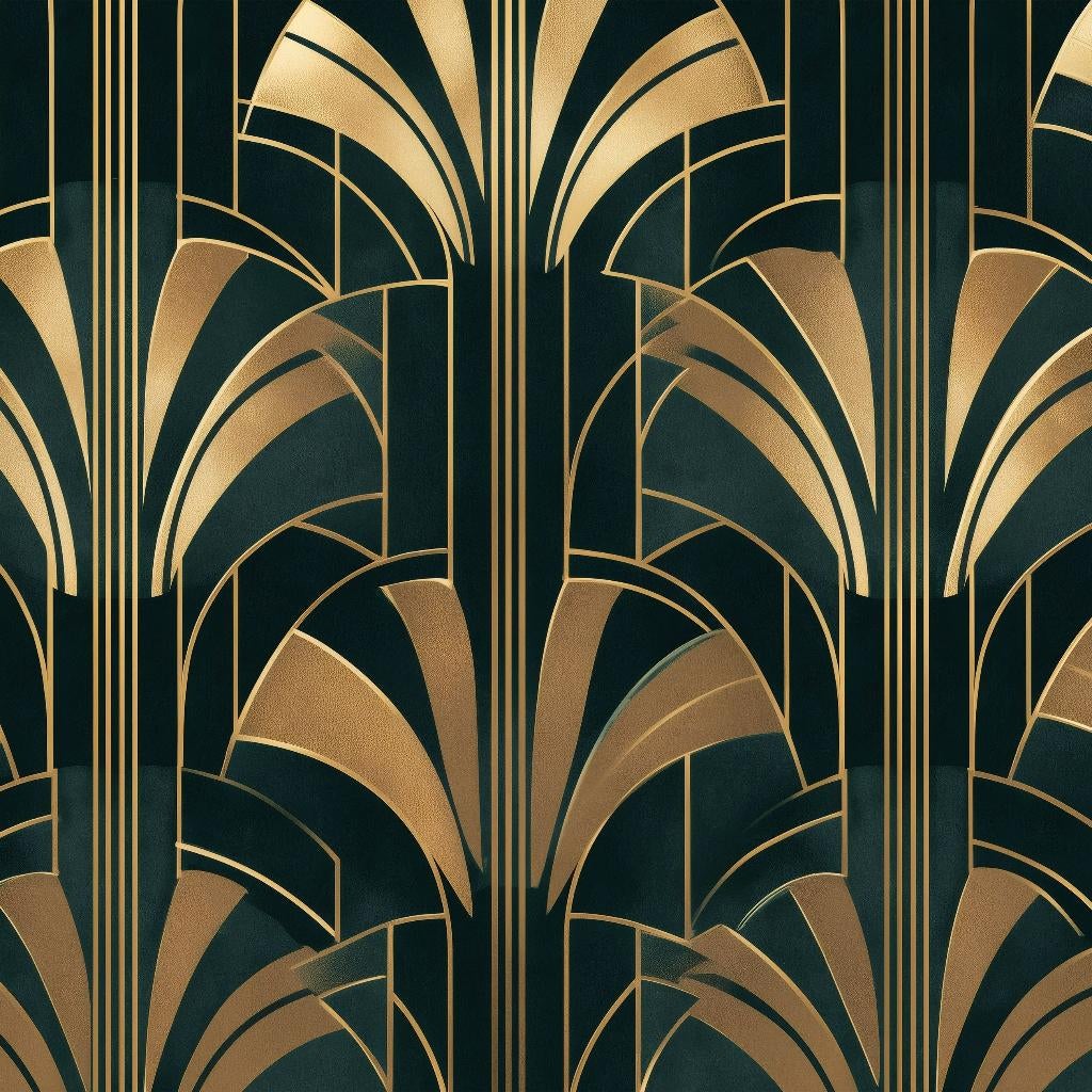 Art Deco behang - Donkergroen Waaierpatroon, Goud, Verzenden, Minder dan 10 m², Groen, Art Deco, Artdeco, Waaier, jaren 20, Groen, Goud,