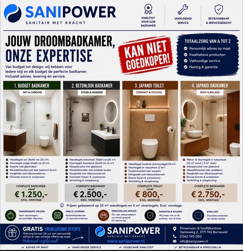 Complete Badkamers Vanaf €1.250, Huis en Inrichting, Badkamer | Complete badkamers, Nieuw, Met douche, Ophalen