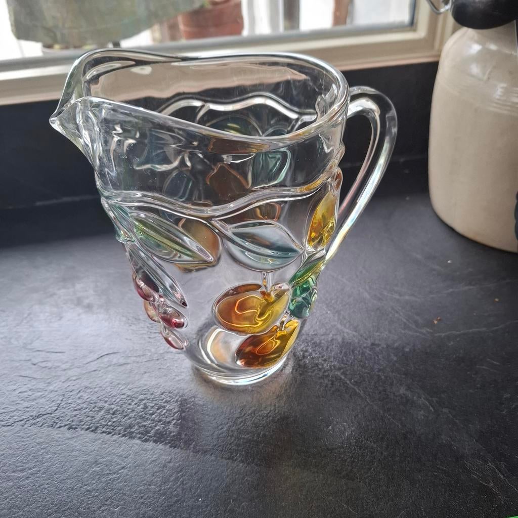 Glazen kan met fruitmotief, Ophalen of Verzenden