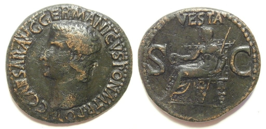 Romeinse munt Caligula Æ As -VESTA above, S C - 37/8 AD, Ophalen of Verzenden, Overige landen, Losse munt